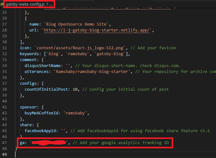 gatsby-meta-config.js 구글 애널리틱스 연동 설정